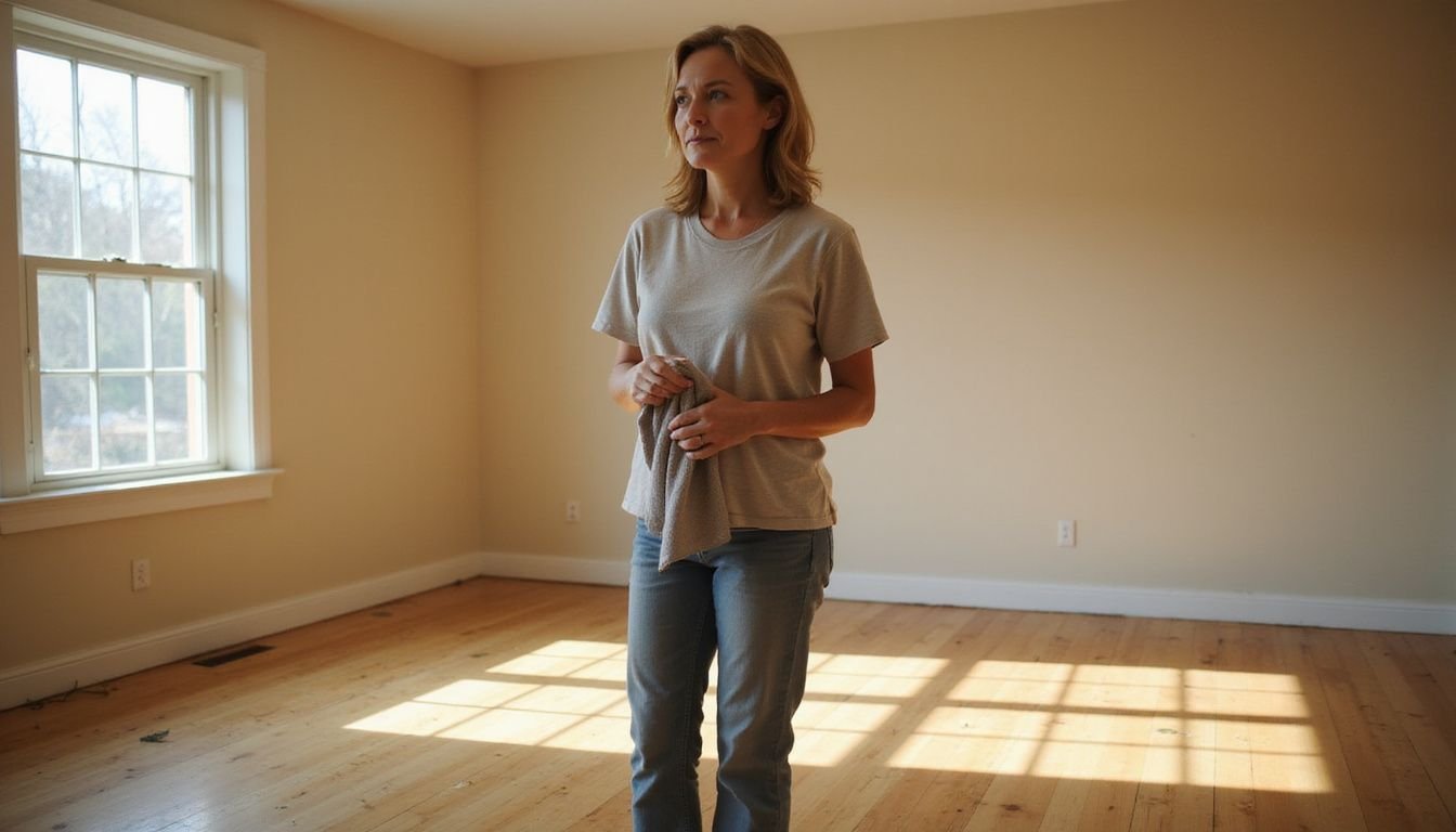 A contemplative woman stands in a freshly cleaned, empty living room. A contemplative woman stands in a freshly cleaned, empty living room.