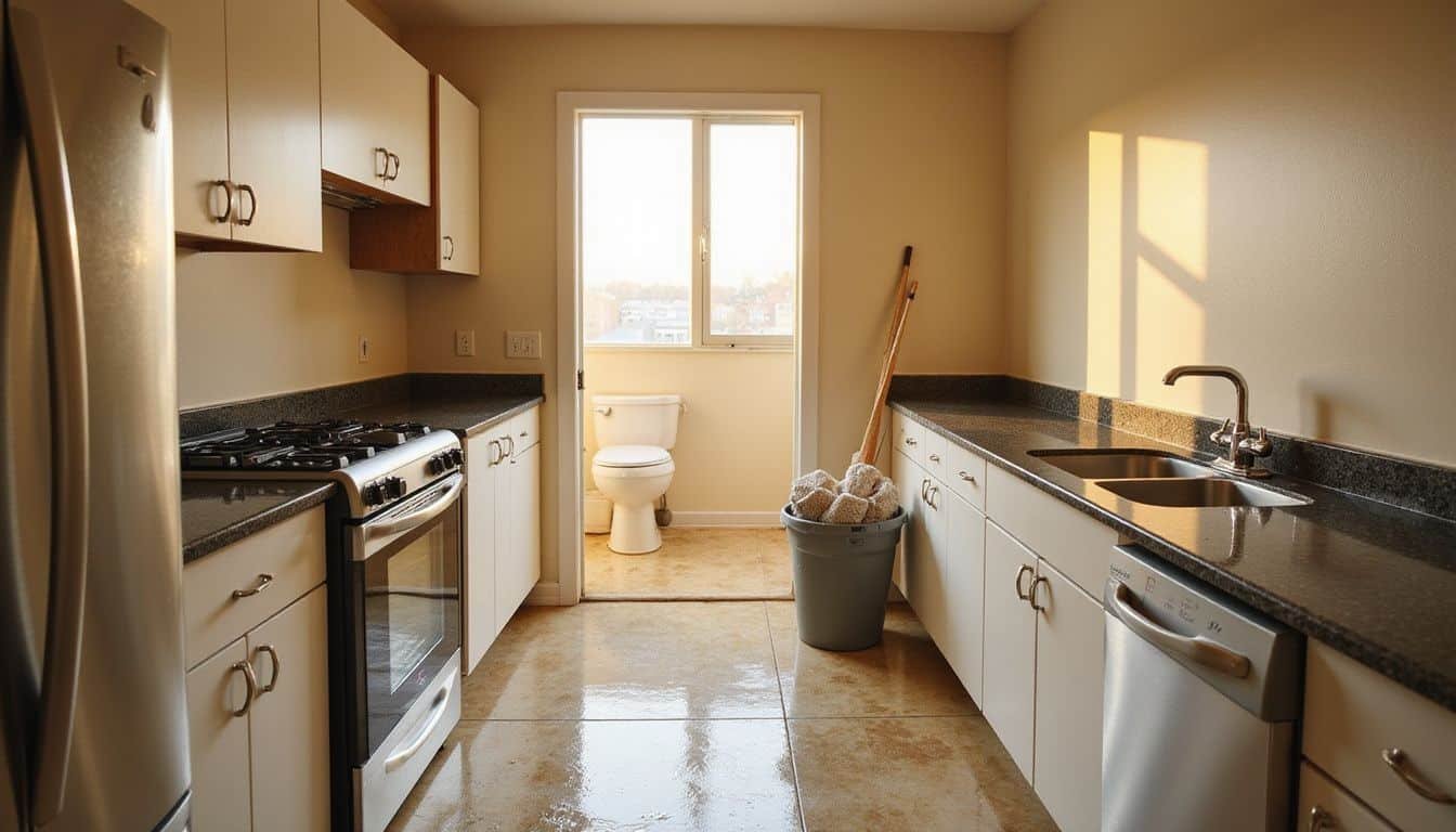 A vacant kitchen showcases stainless steel appliances and polished granite countertops. A vacant kitchen showcases stainless steel appliances and polished granite countertops.