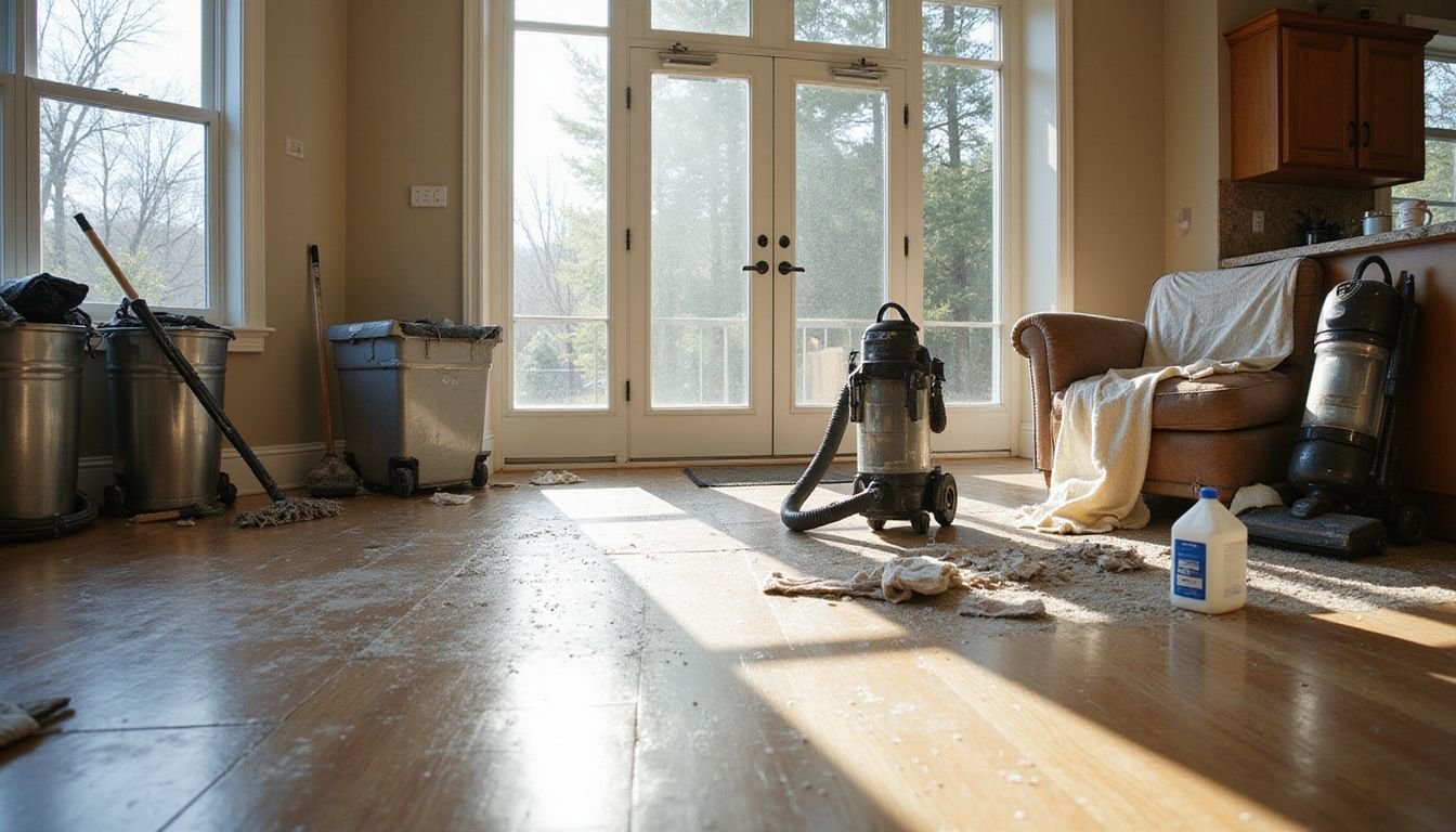 A contemporary home interior cluttered with cleaning supplies and debris.
