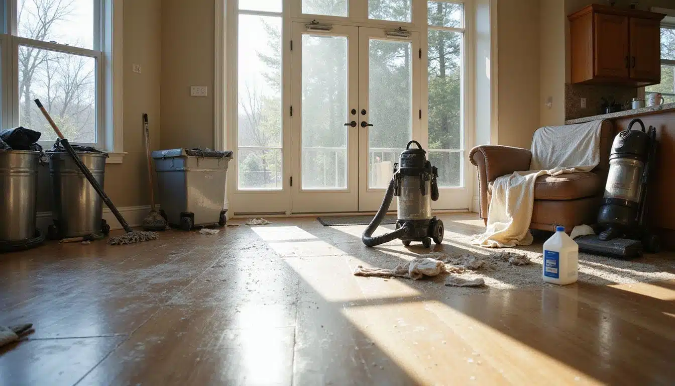 A contemporary home interior cluttered with cleaning supplies and debris. A contemporary home interior cluttered with cleaning supplies and debris.