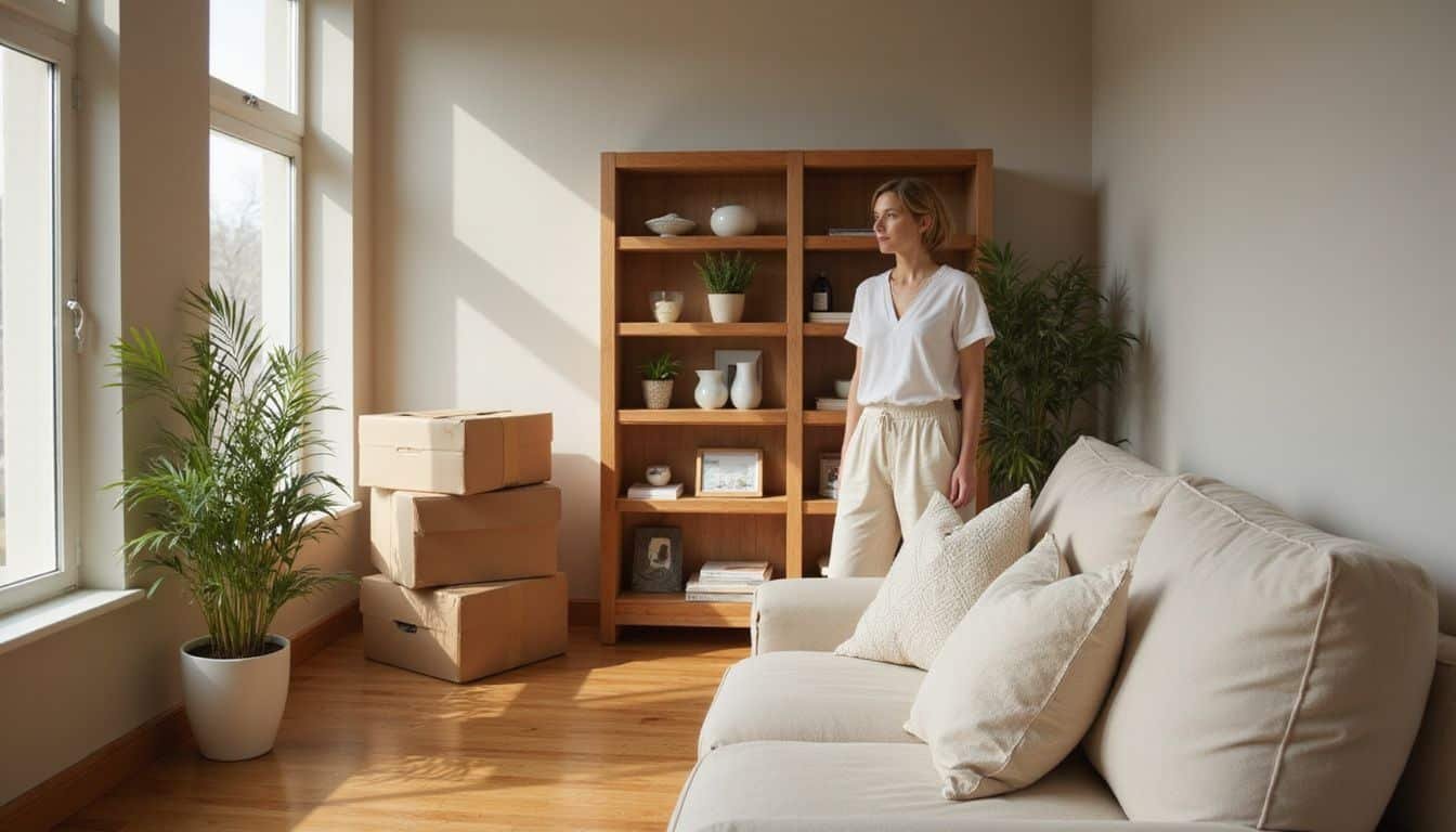 A woman organizes a serene, inviting living room space.