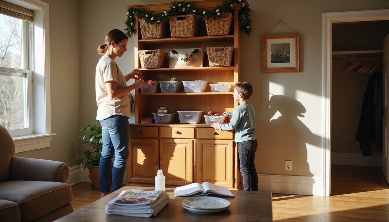 A woman and boy organize woven baskets and toys in a cozy living room. A woman and boy organize woven baskets and toys in a cozy living room.