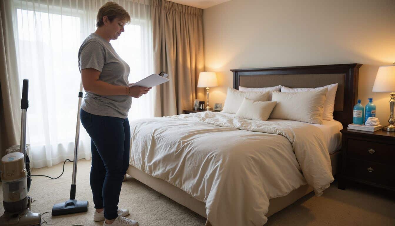 A focused woman inspects a checklist in a messy vacation rental.