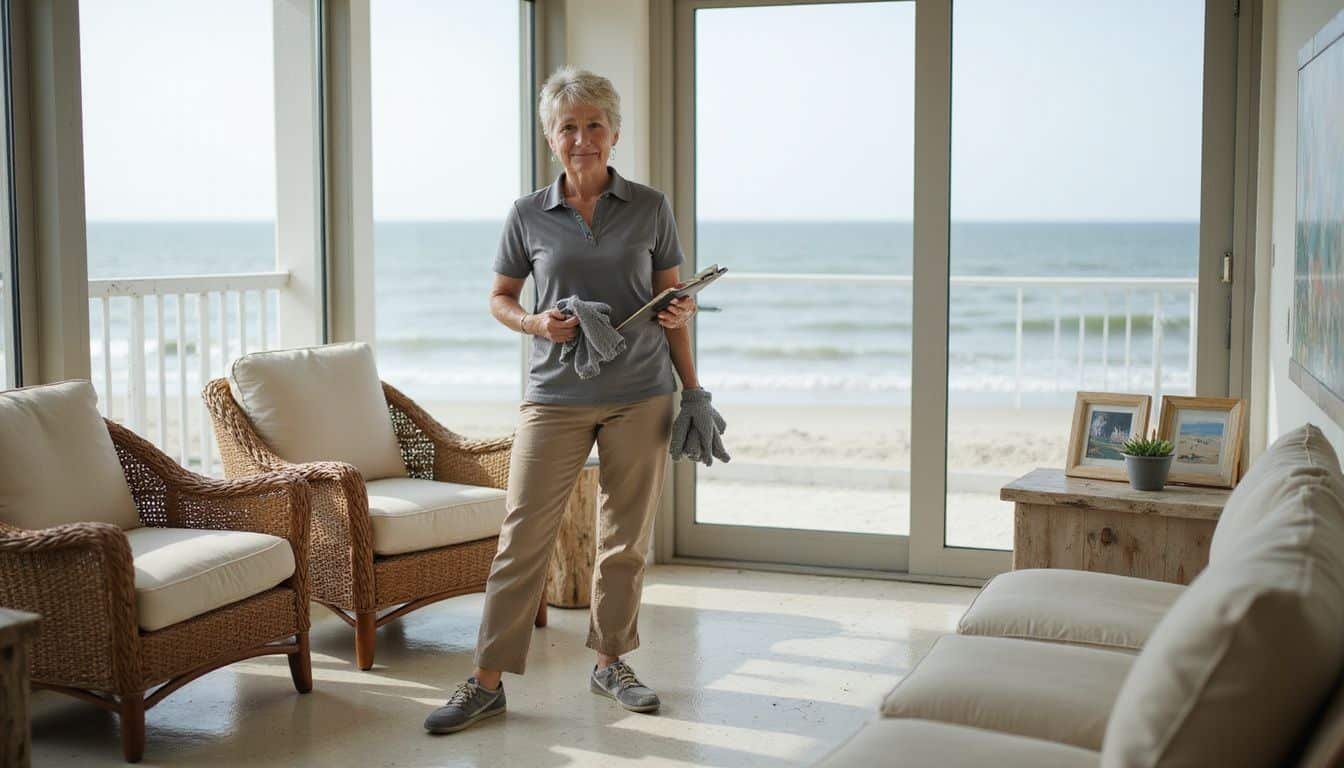 A middle-aged woman cleans a beachfront vacation rental living room. A middle-aged woman cleans a beachfront vacation rental living room.