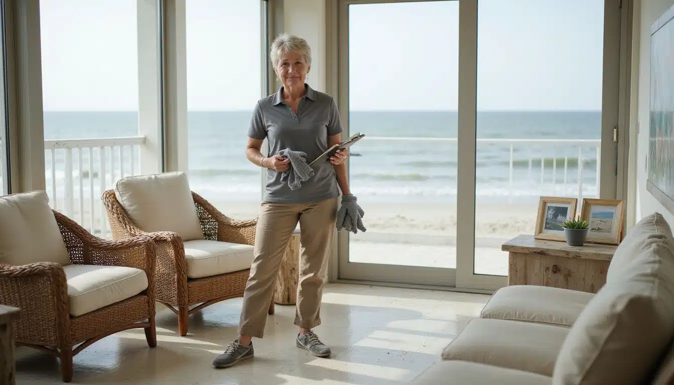 A middle-aged woman cleans a beachfront vacation rental living room.