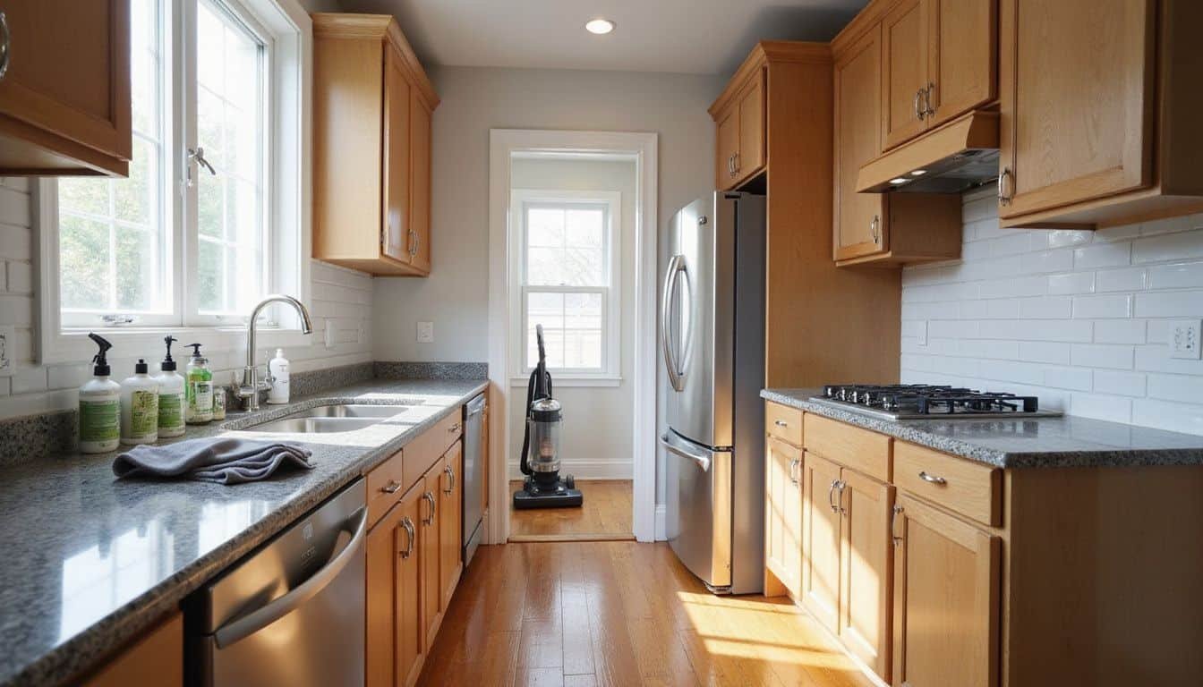 A meticulously organized residential kitchen with modern appliances and wooden cabinets.