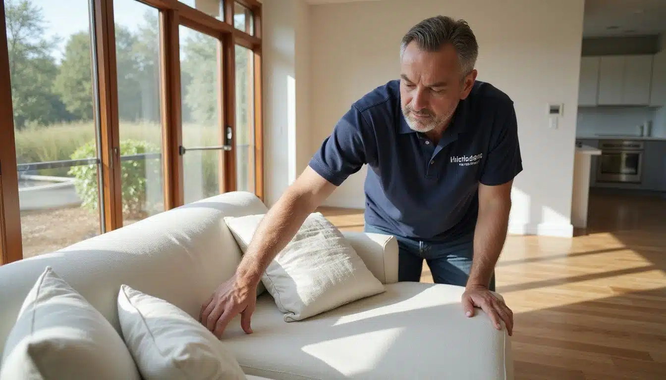 A middle-aged man inspects a textured white sectional sofa in a modern living room. A middle-aged man inspects a textured white sectional sofa in a modern living room.