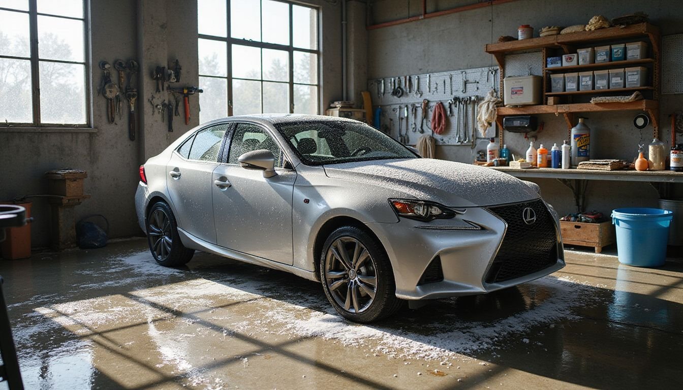 A garage workshop features a silver sedan being washed. A garage workshop features a silver sedan being washed.