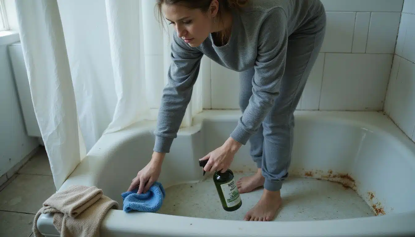 A tired woman cleans a worn bathtub in comfortable loungewear.