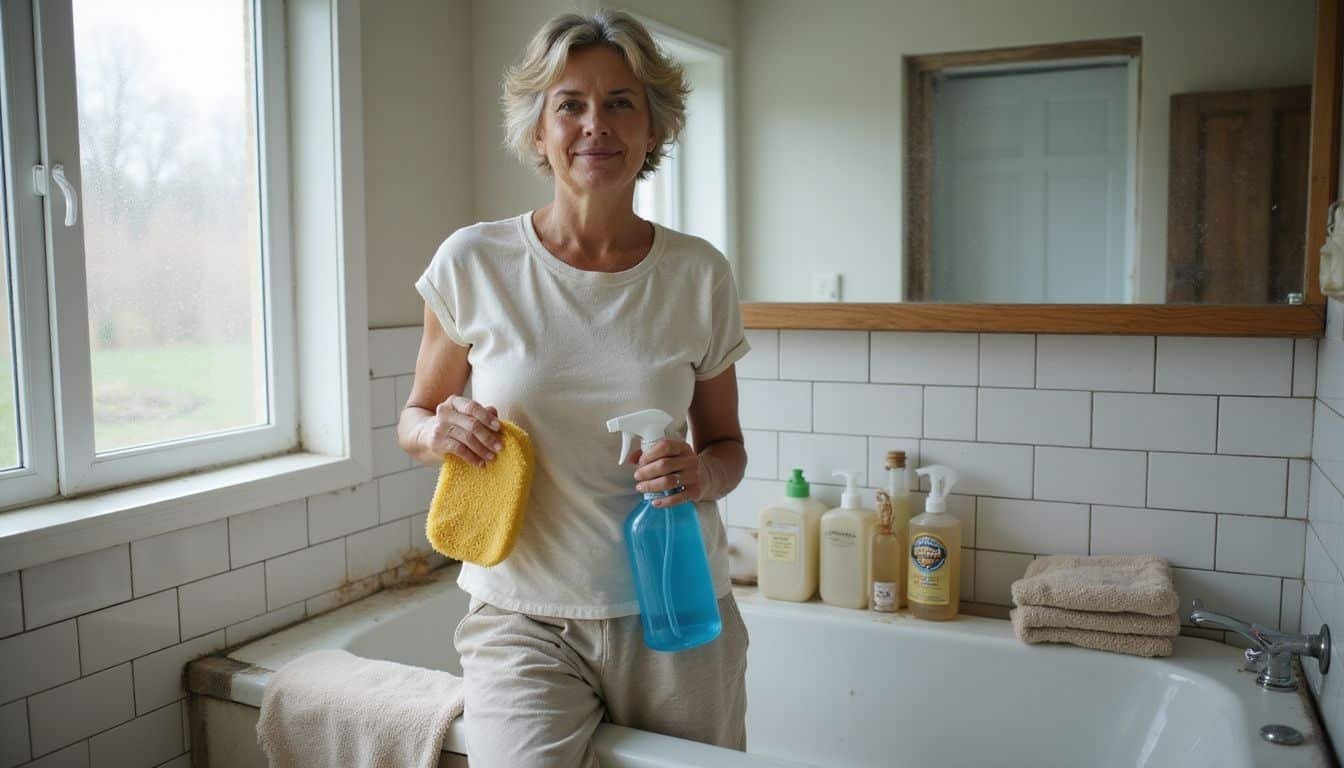 A woman prepares to clean a cluttered bathroom beside a bathtub. A woman prepares to clean a cluttered bathroom beside a bathtub.
