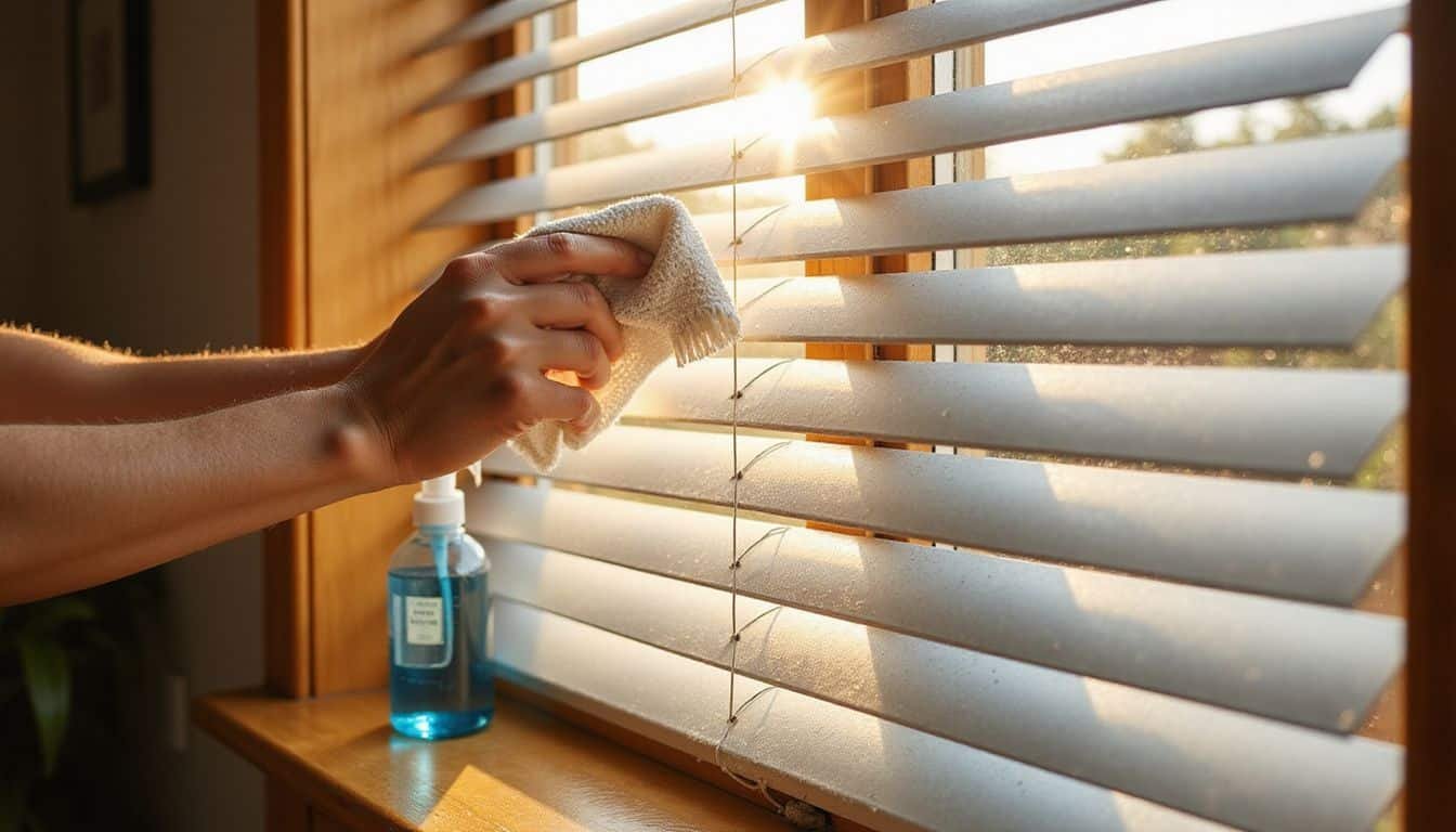 A person cleans aluminum venetian blinds with a damp microfiber cloth.