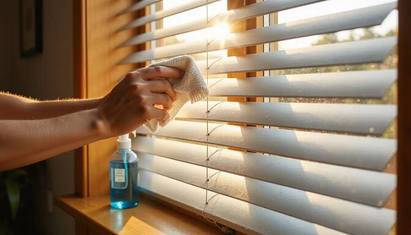A person cleans aluminum venetian blinds with a damp microfiber cloth.