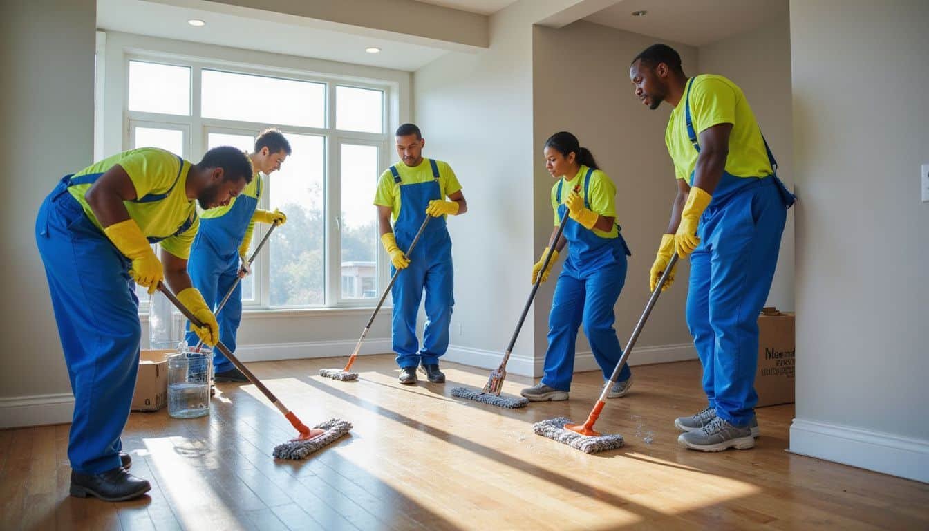 A cleaning crew diligently scrubs a newly constructed living room. A cleaning crew diligently scrubs a newly constructed living room.