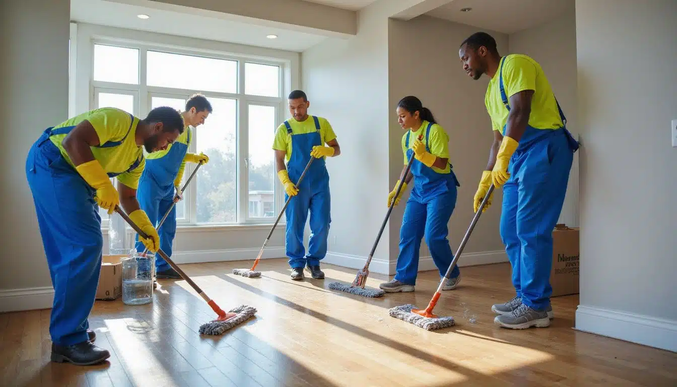 A cleaning crew diligently scrubs a newly constructed living room.