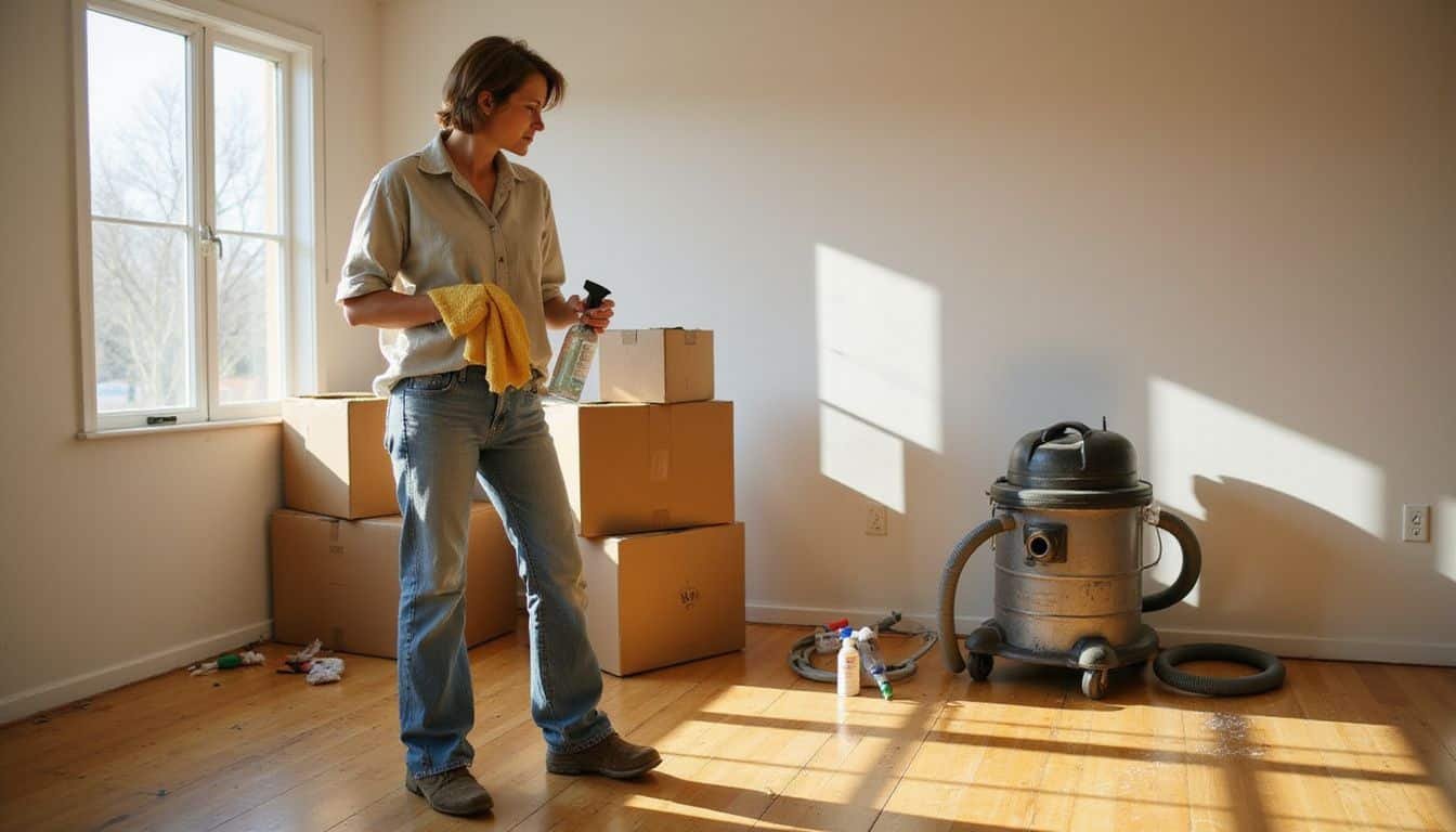 A woman cleans an empty living room during a moving process.