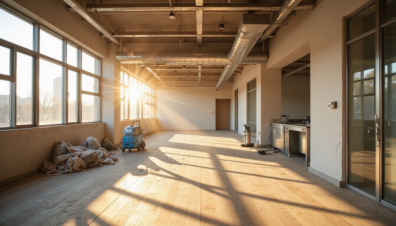 Mid-renovation commercial space featuring construction debris and cleaning equipment. Mid-renovation commercial space featuring construction debris and cleaning equipment.
