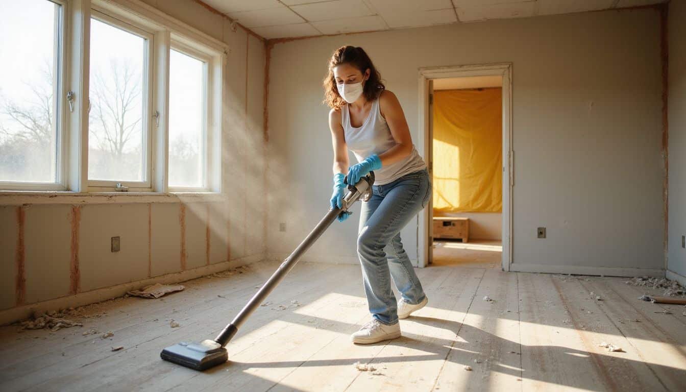 A woman cleans drywall dust in a newly constructed living room.