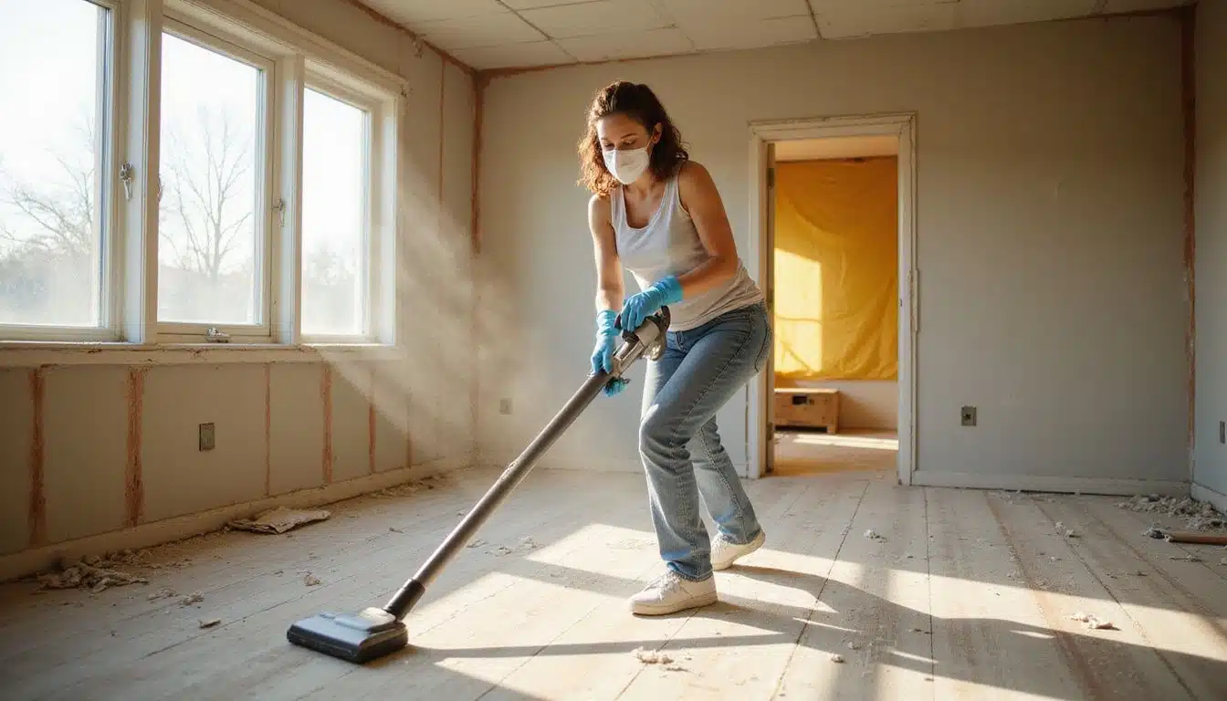 A woman cleans drywall dust in a newly constructed living room. A woman cleans drywall dust in a newly constructed living room.