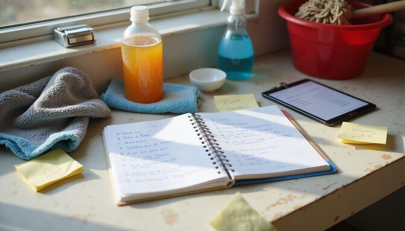 A cluttered kitchen counter with cleaning supplies and a task notebook. A cluttered kitchen counter with cleaning supplies and a task notebook.