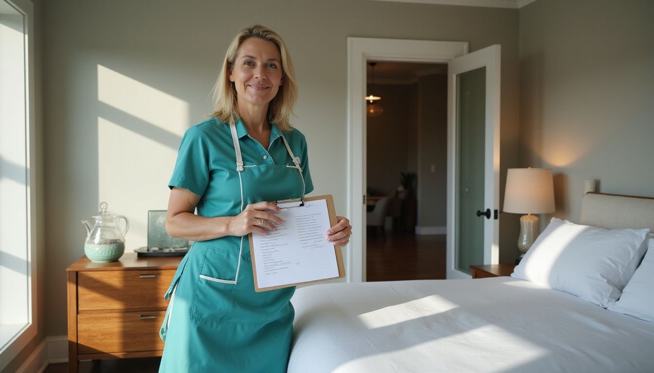 A meticulous housekeeper reviews a cleaning checklist in a modern bedroom.