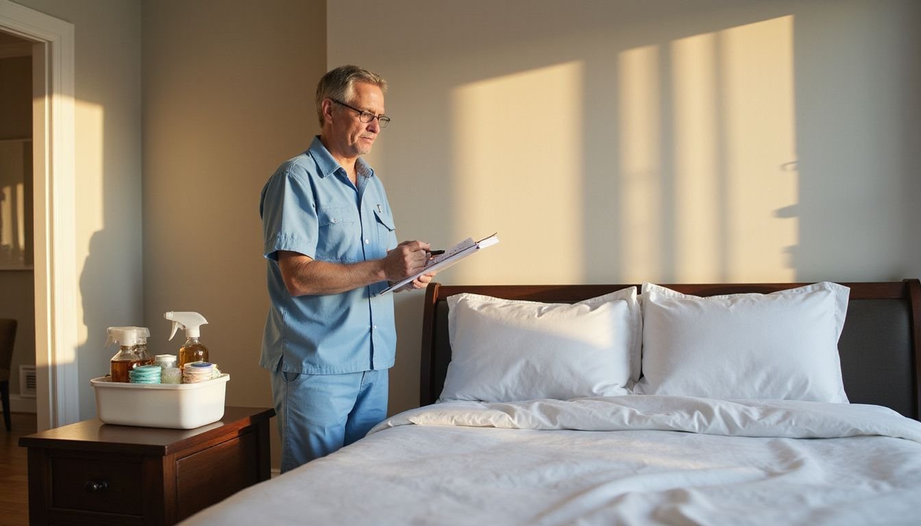 A professional cleaner reviews a checklist in a tidy vacation rental. A professional cleaner reviews a checklist in a tidy vacation rental.