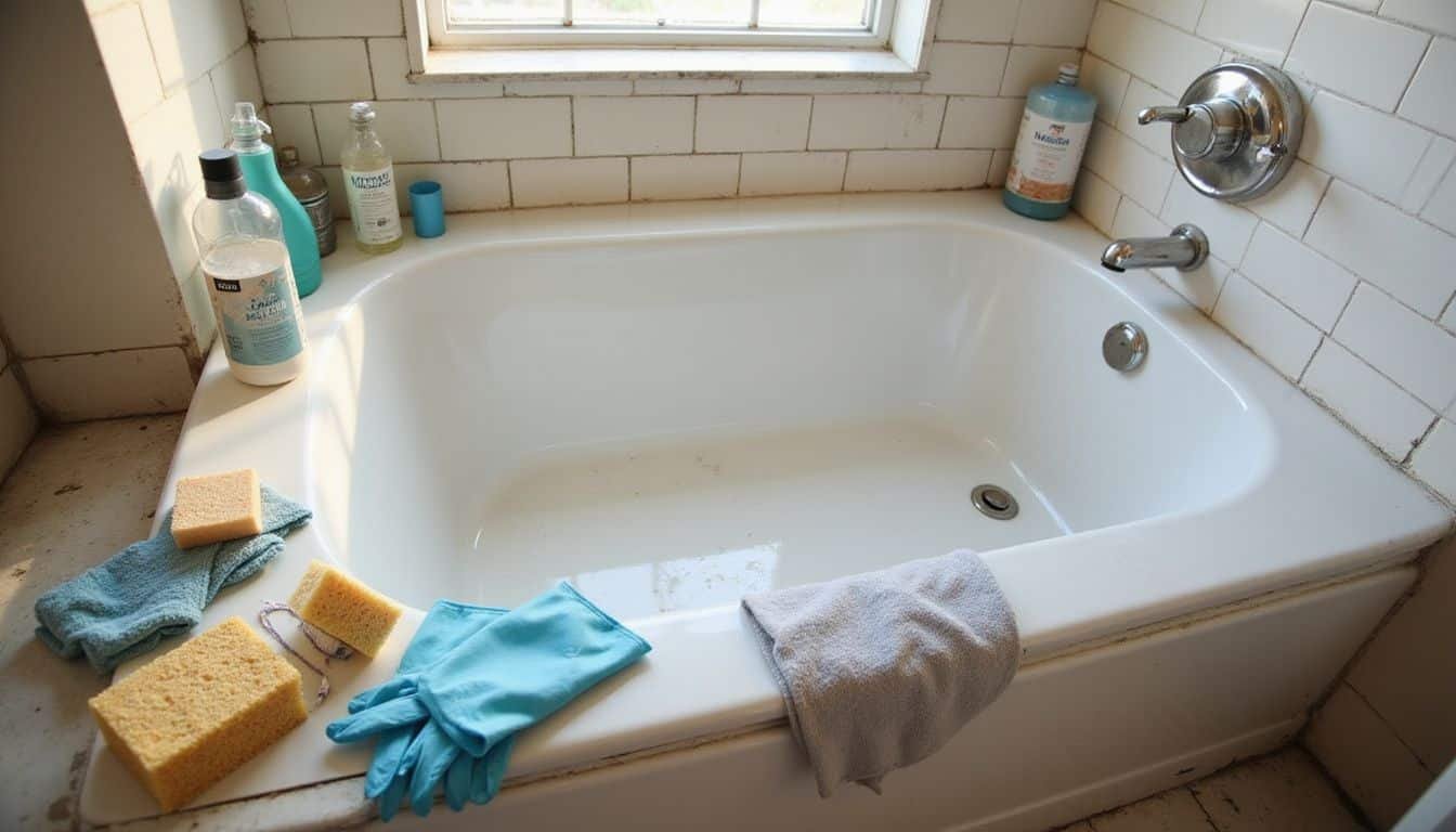 A person prepares to clean a worn bathroom with various supplies. A person prepares to clean a worn bathroom with various supplies.