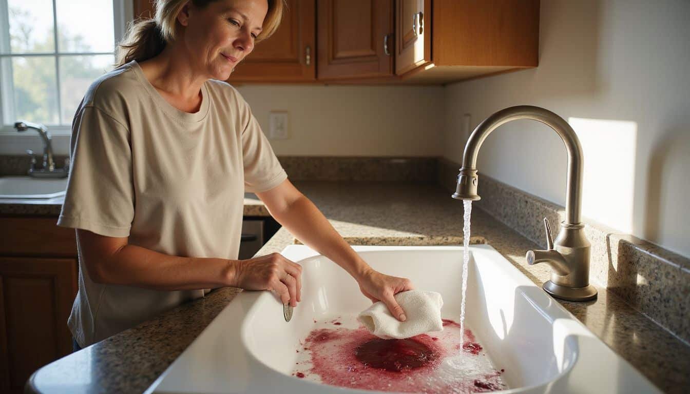 A woman diligently blots a wine stain on linen at a sink. A woman diligently blots a wine stain on linen at a sink.