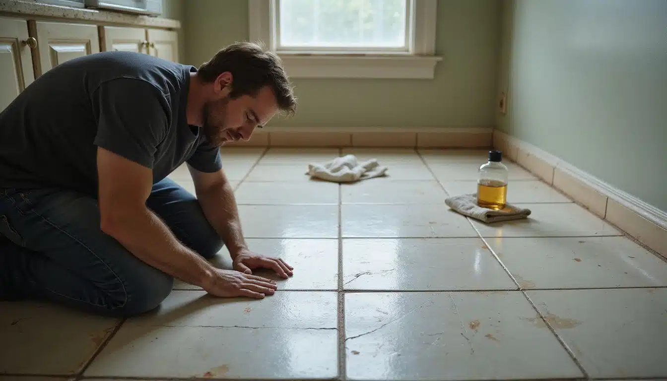 A man inspects scratches on worn ceramic bathroom floor tiles.