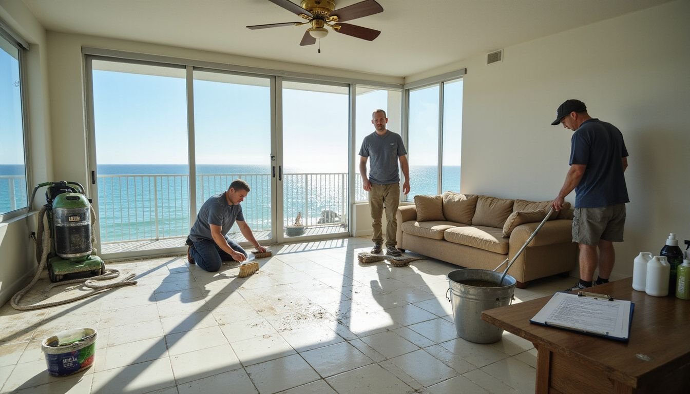 Professional cleaners diligently working in a beachfront apartment. Professional cleaners diligently working in a beachfront apartment.