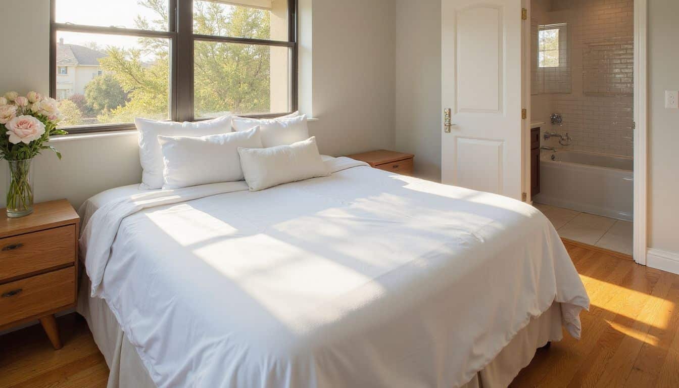 A meticulously organized contemporary vacation rental bedroom with elegant decor. A meticulously organized contemporary vacation rental bedroom with elegant decor.