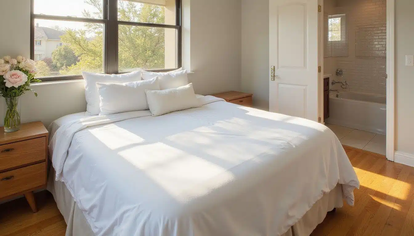 A meticulously organized contemporary vacation rental bedroom with elegant decor.