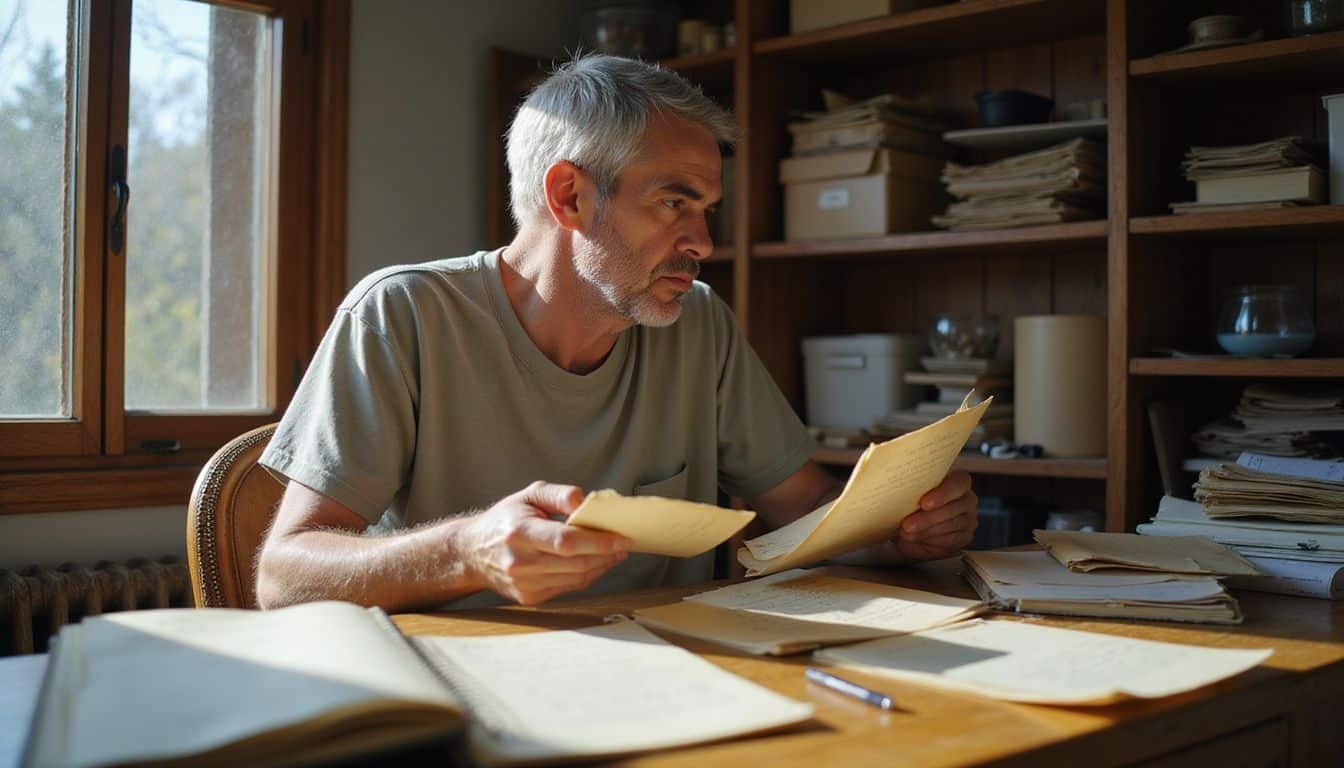 A focused parent examines aged documents at an oak desk.