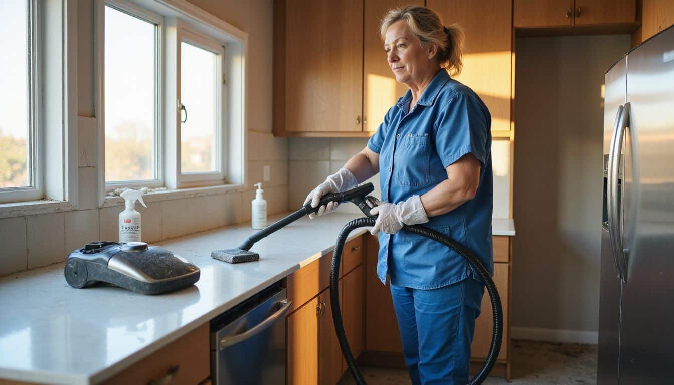 A woman deep cleans a residential kitchen with professional equipment. A woman deep cleans a residential kitchen with professional equipment.
