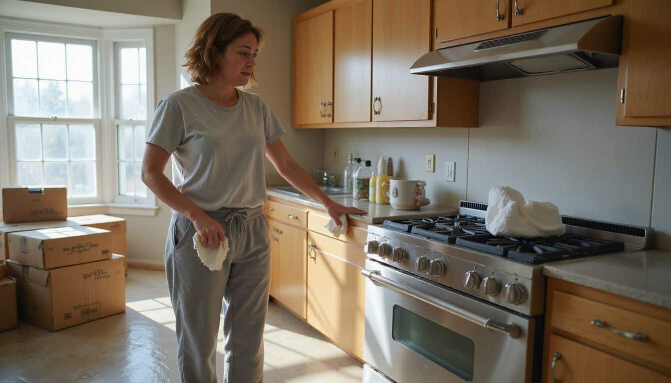 A woman cleans a cluttered kitchen during a renovation.
