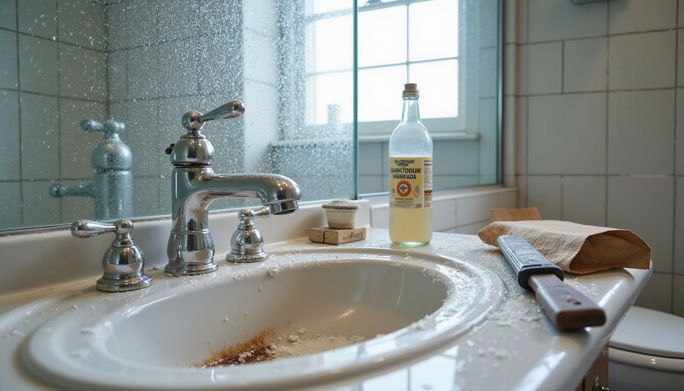 A bathroom vanity shows significant hard water damage and mineral buildup.