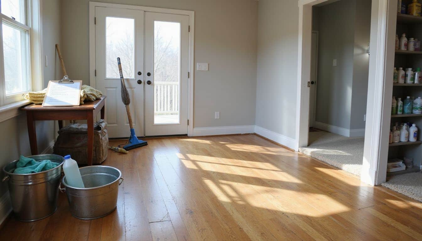 A lived-in vacation rental living room filled with cleaning supplies.