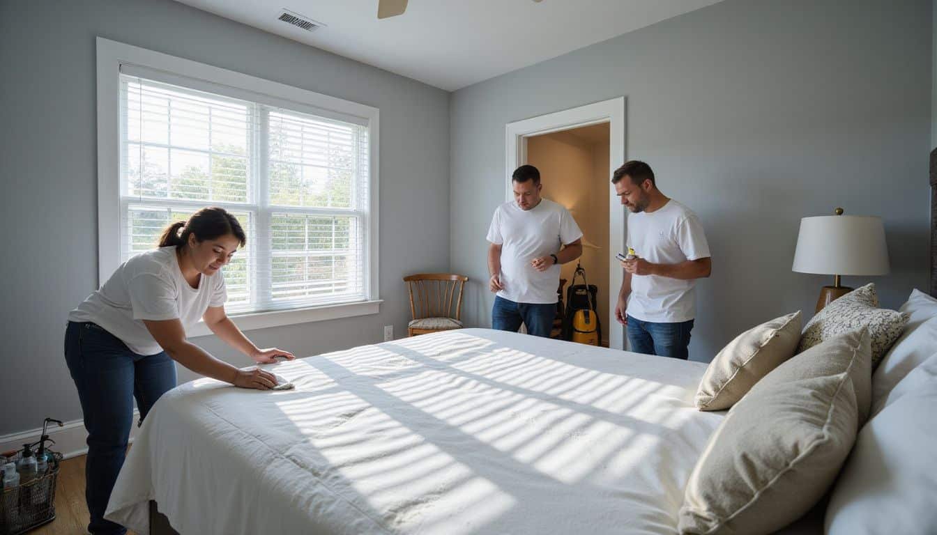 Three cleaning professionals diligently prepare a vacation rental bedroom. Three cleaning professionals diligently prepare a vacation rental bedroom.